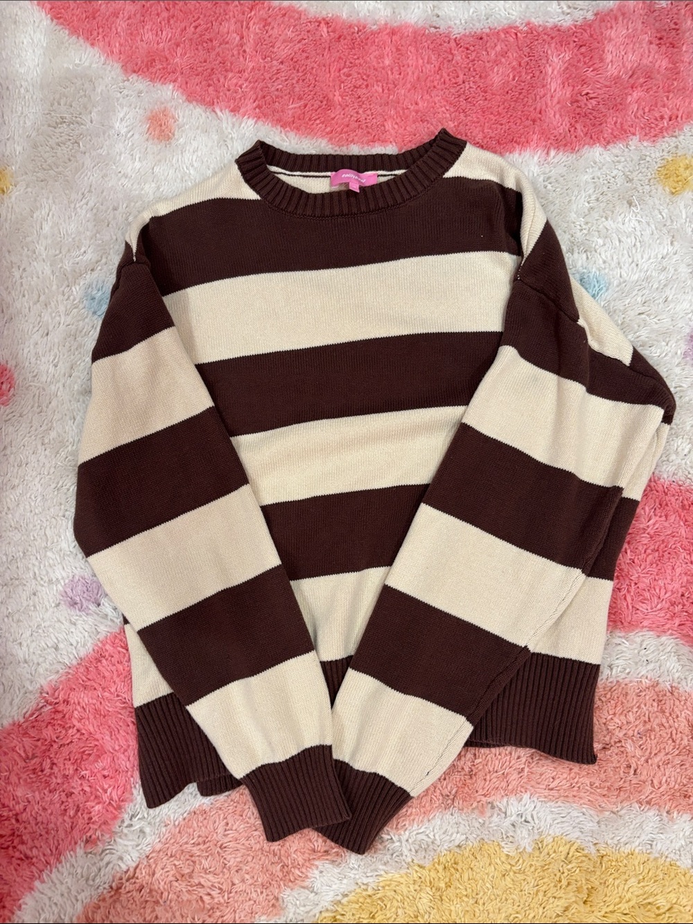 Edikted Brown and Cream Striped Crewneck Sweater